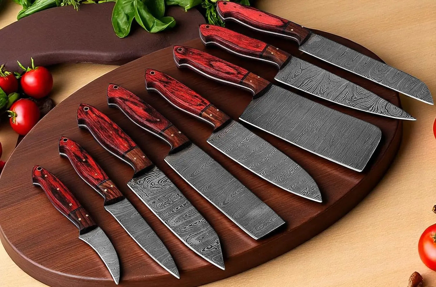 Damascus Cooking Knife Set – 8-Piece Full Tang Forged Blades by Damascus Knife Store, Damascus knife main product photo