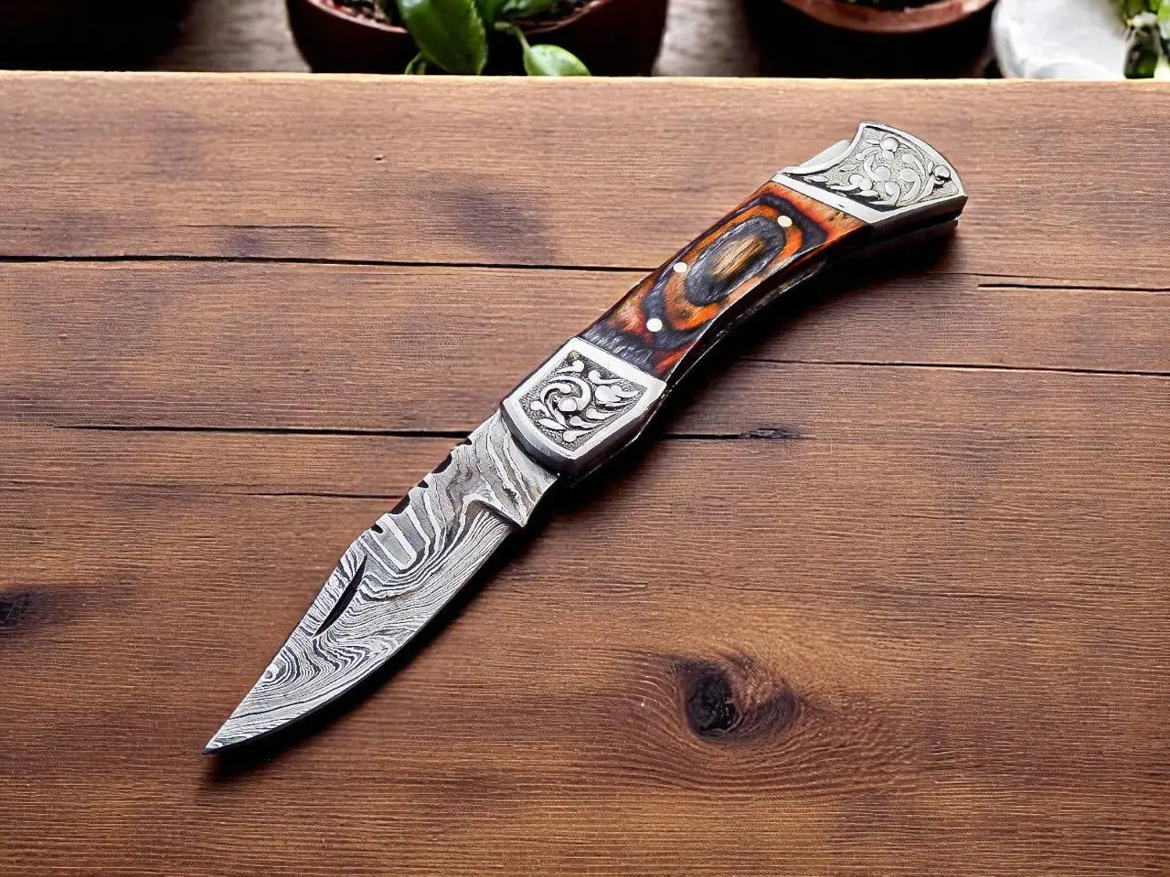 Damascus Folding Knife with Exotic Wood Handle by Damascus Knife Store, Damascus knife main product photo
