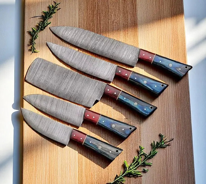 Damascus Kitchen Knife Set – 5-Piece Full Tang Forged Blades Damascus Knife Store