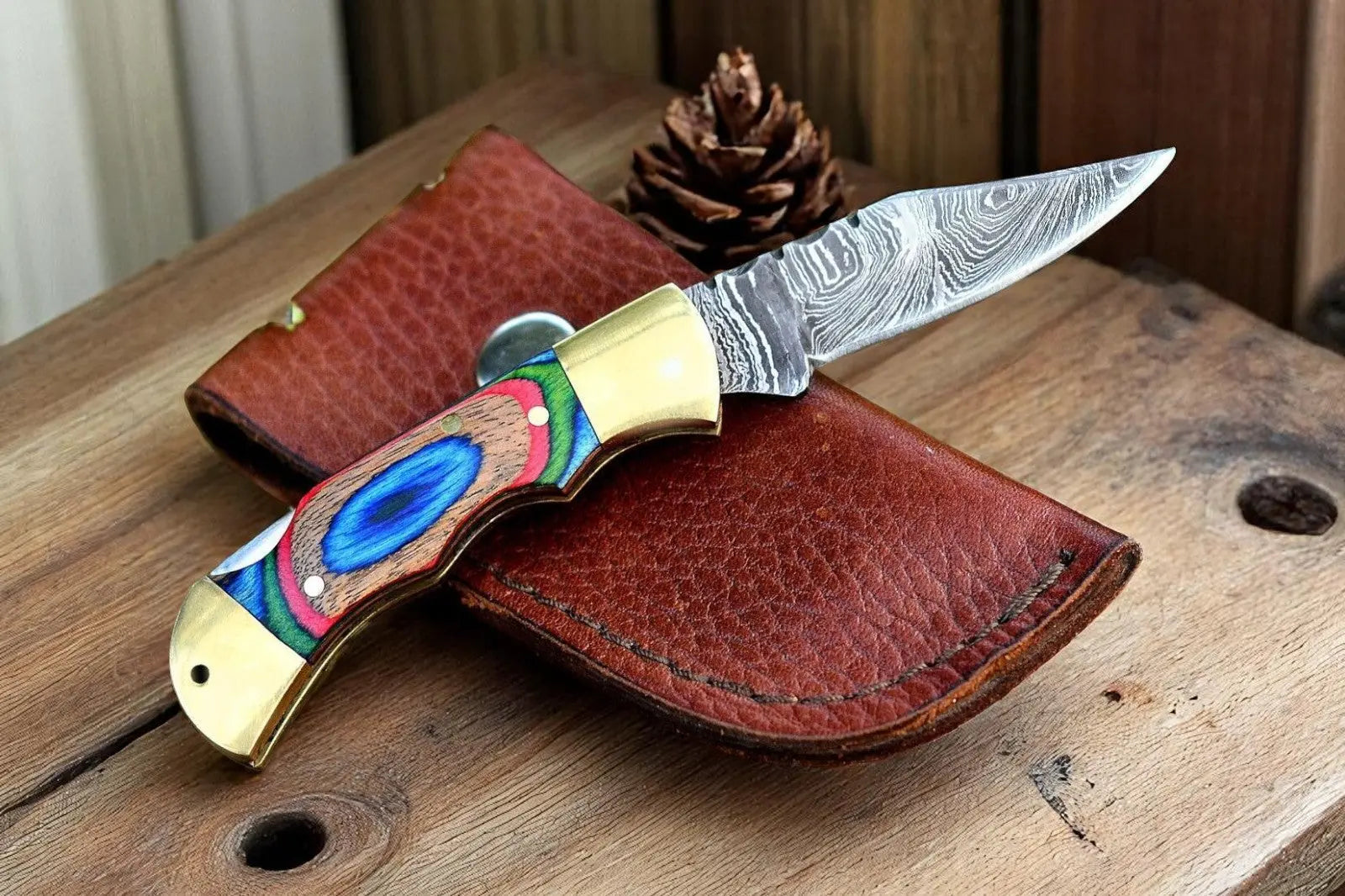 Damascus Pocket Knife with Exotic Wood & Brass Bolster Damascus Knife Store