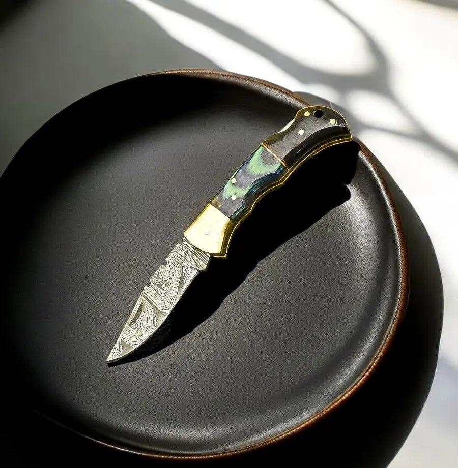Damascus Pocket Knife with Exotic Wood & Horn Handle Damascus Knife Store