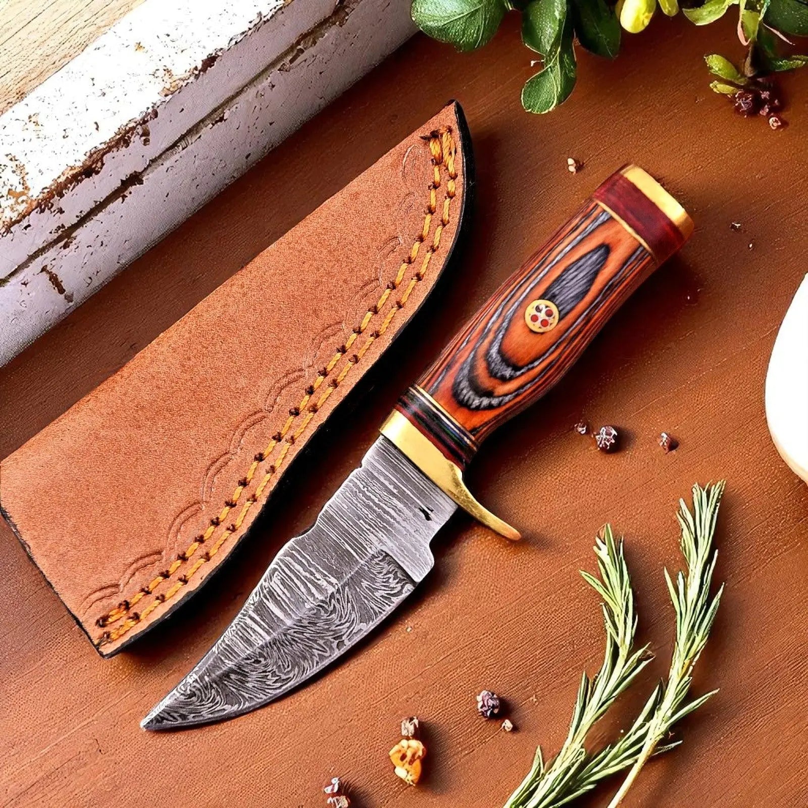 Deer Hunting Knife | Handmade Damascus knife with Wood Handle by Damascus Knife Store, Damascus knife main product photo