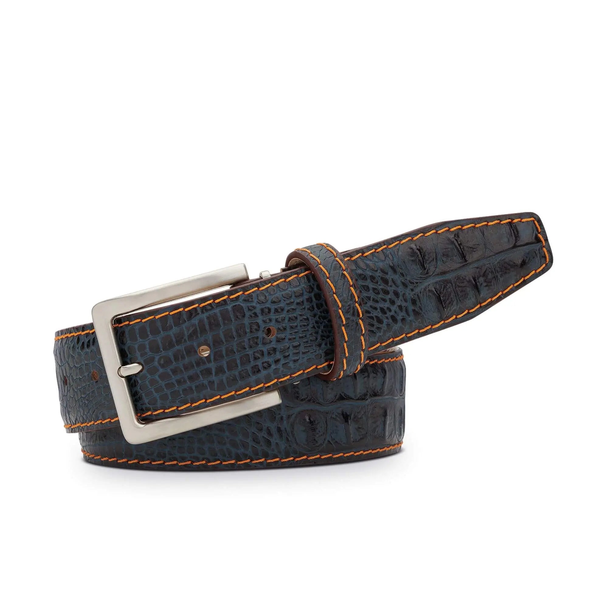 Denim Mock Croc Leather Belt by Roger Ximenez: Bespoke Belts and Leather Accessories, handmade leather goods main product photo
