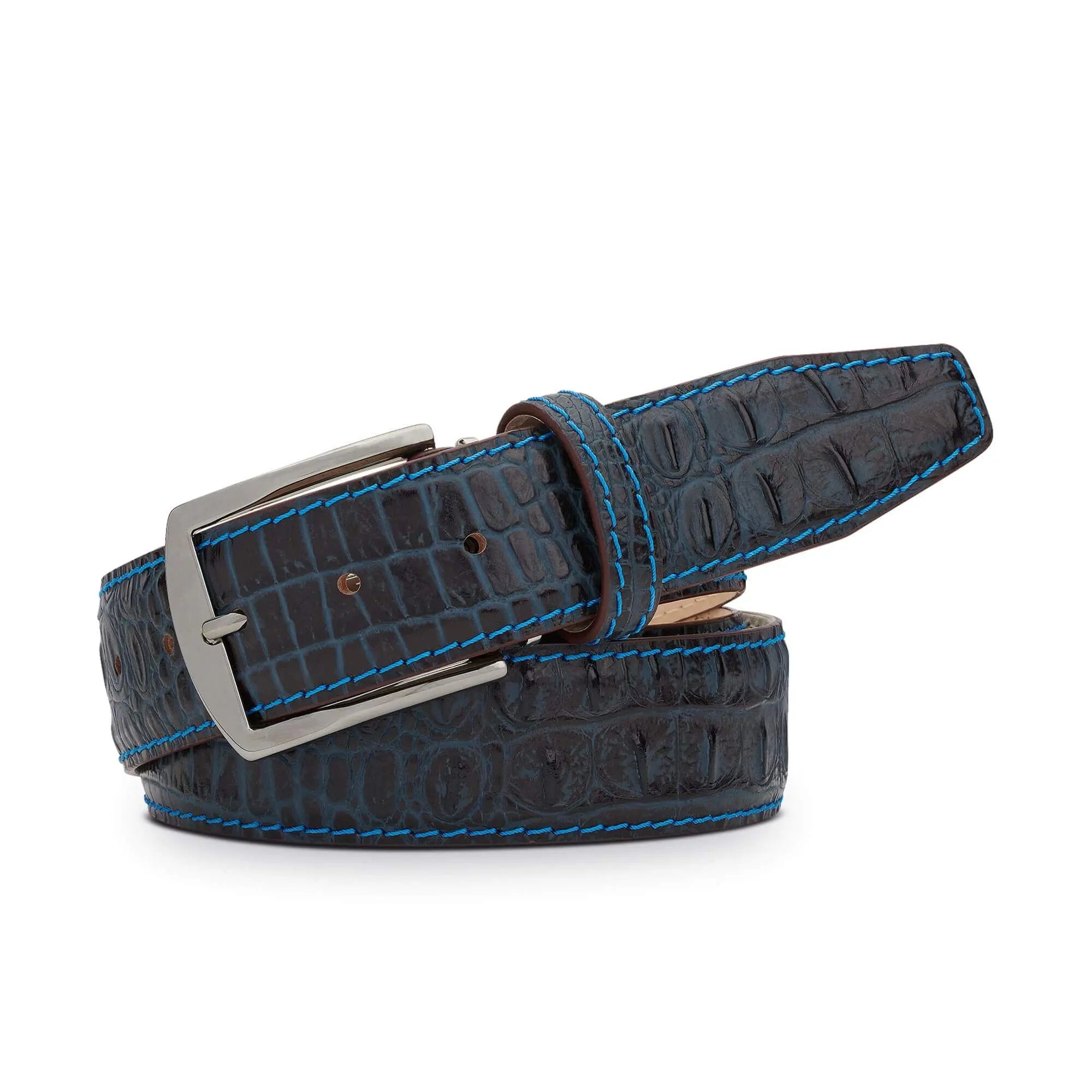 Denim Mock Croc Leather Belt by Roger Ximenez: Bespoke Belts and Leather Accessories, handmade leather goods detail photo 2