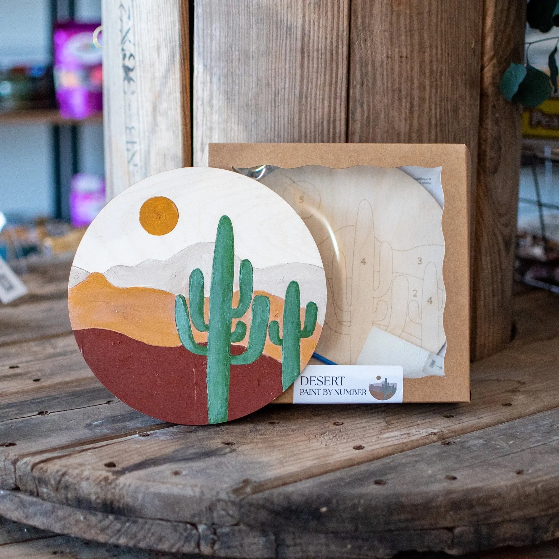 Desert Paint by Number circular wood craft kit with cacti and sun.
