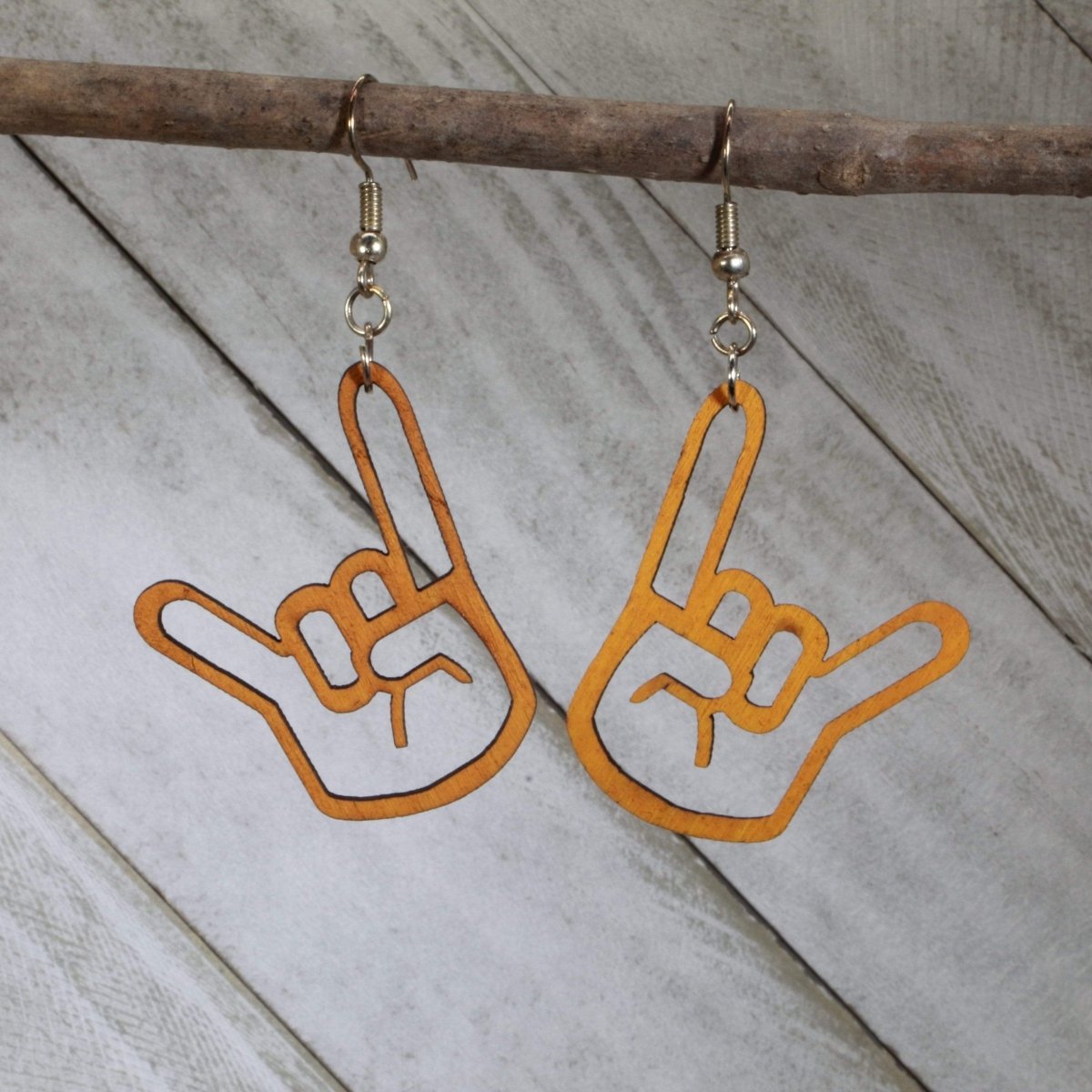 Devil Hand Wooden Dangle Earrings | Gothic Rock Jewelry