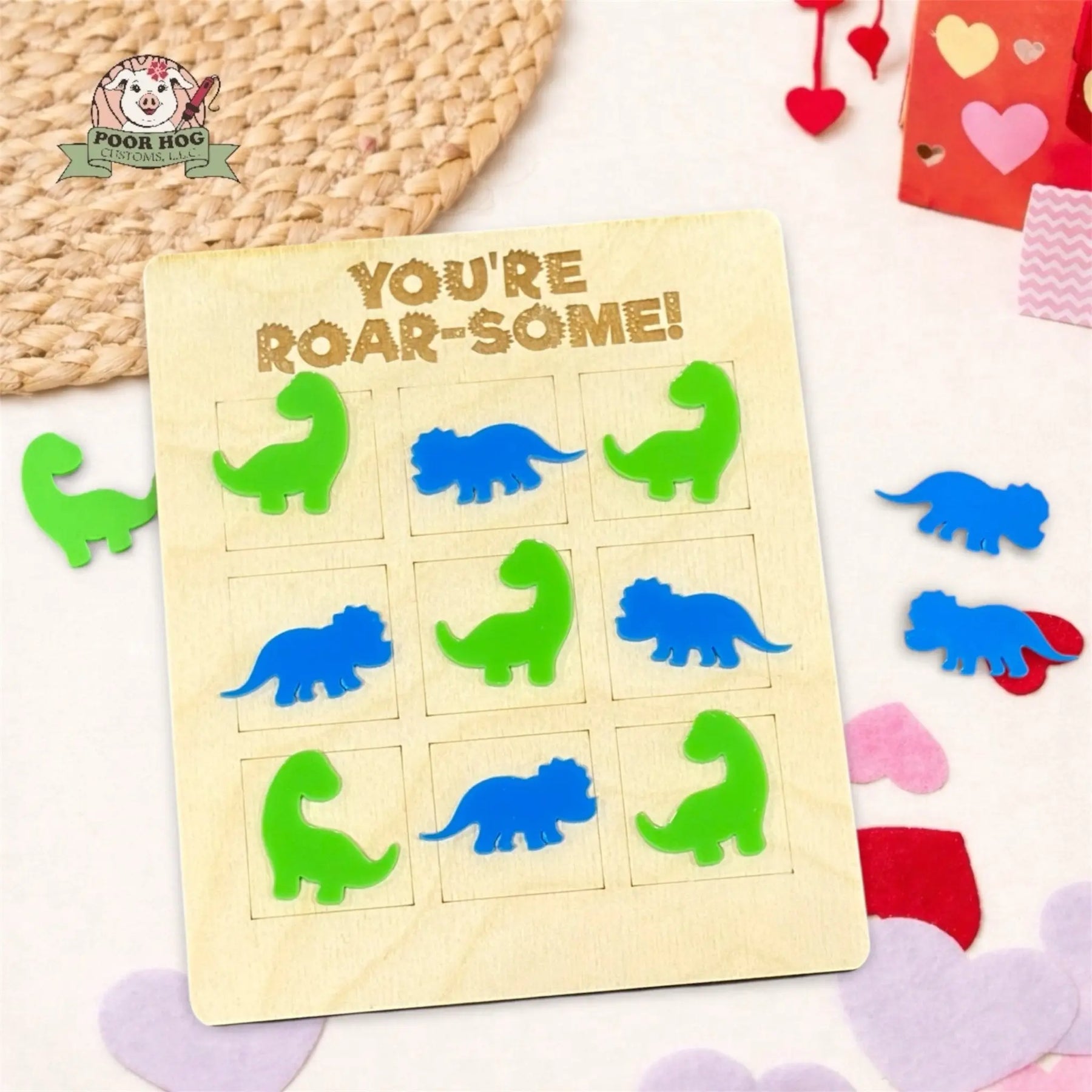 Dinosaur Tic Tac Toe Valentine Game with Acrylic Pieces Poor Hog Customs