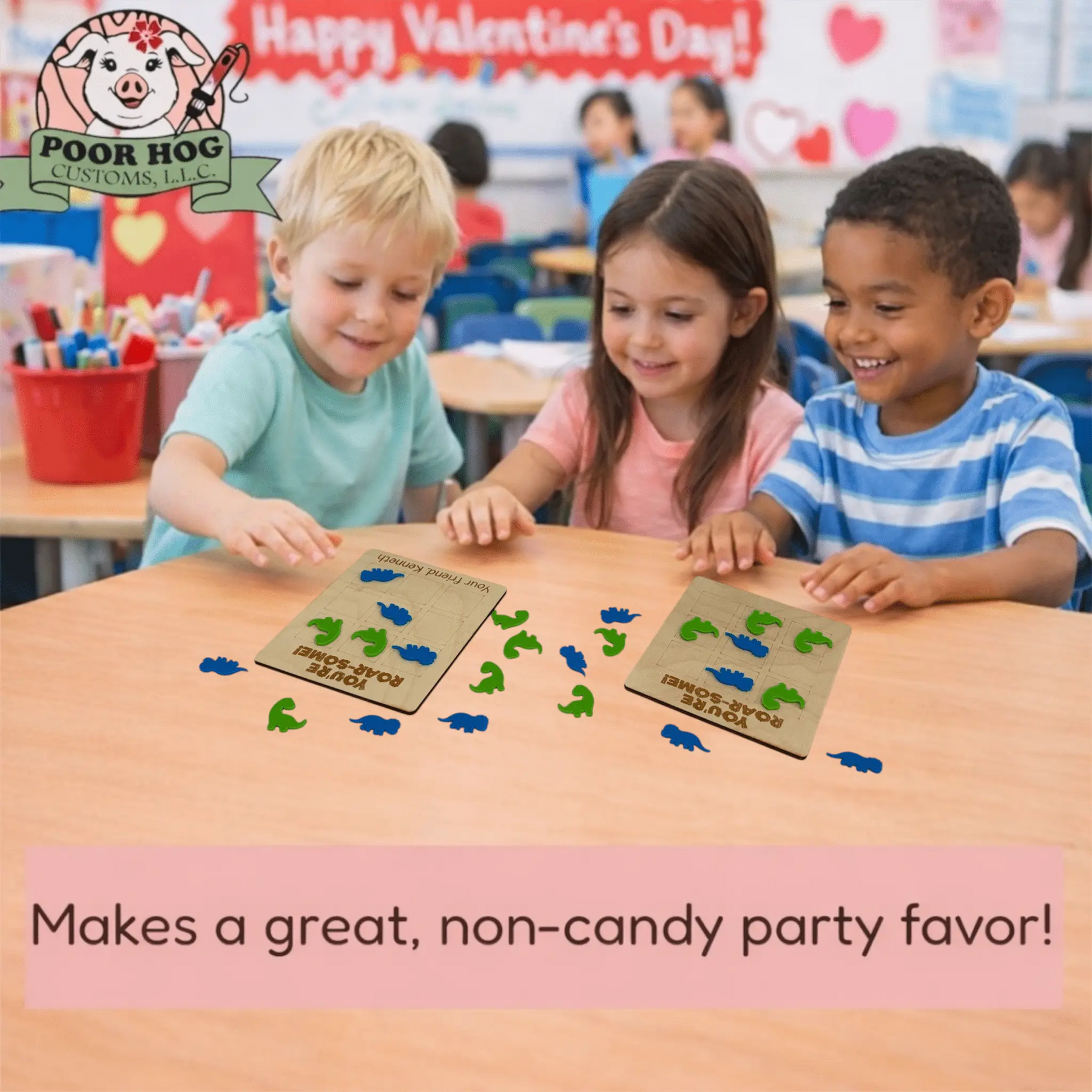 Dinosaur Tic Tac Toe Valentine Game: Kids Non-Candy Party Favor with Acrylic Dinosaurs!