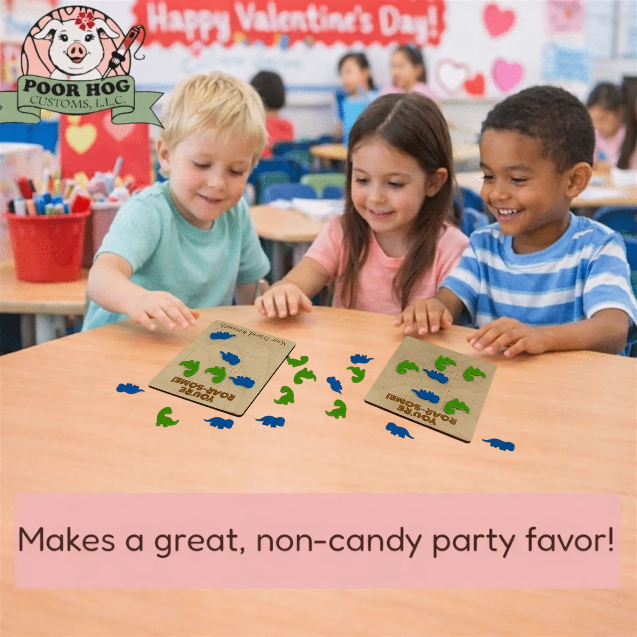 Dinosaur Tic Tac Toe Valentine Game: Kids Non-Candy Party Favor with Acrylic Dinosaurs!