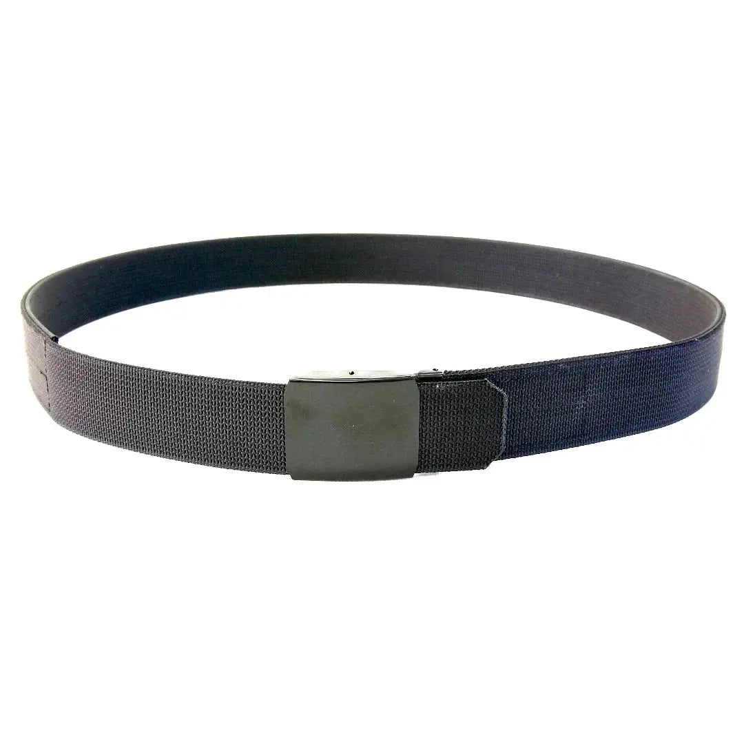 Black double-layer webbing belt with a black friction buckle on a white background.