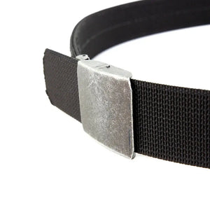 Black nylon webbing belt with a silver metal friction buckle close-up.