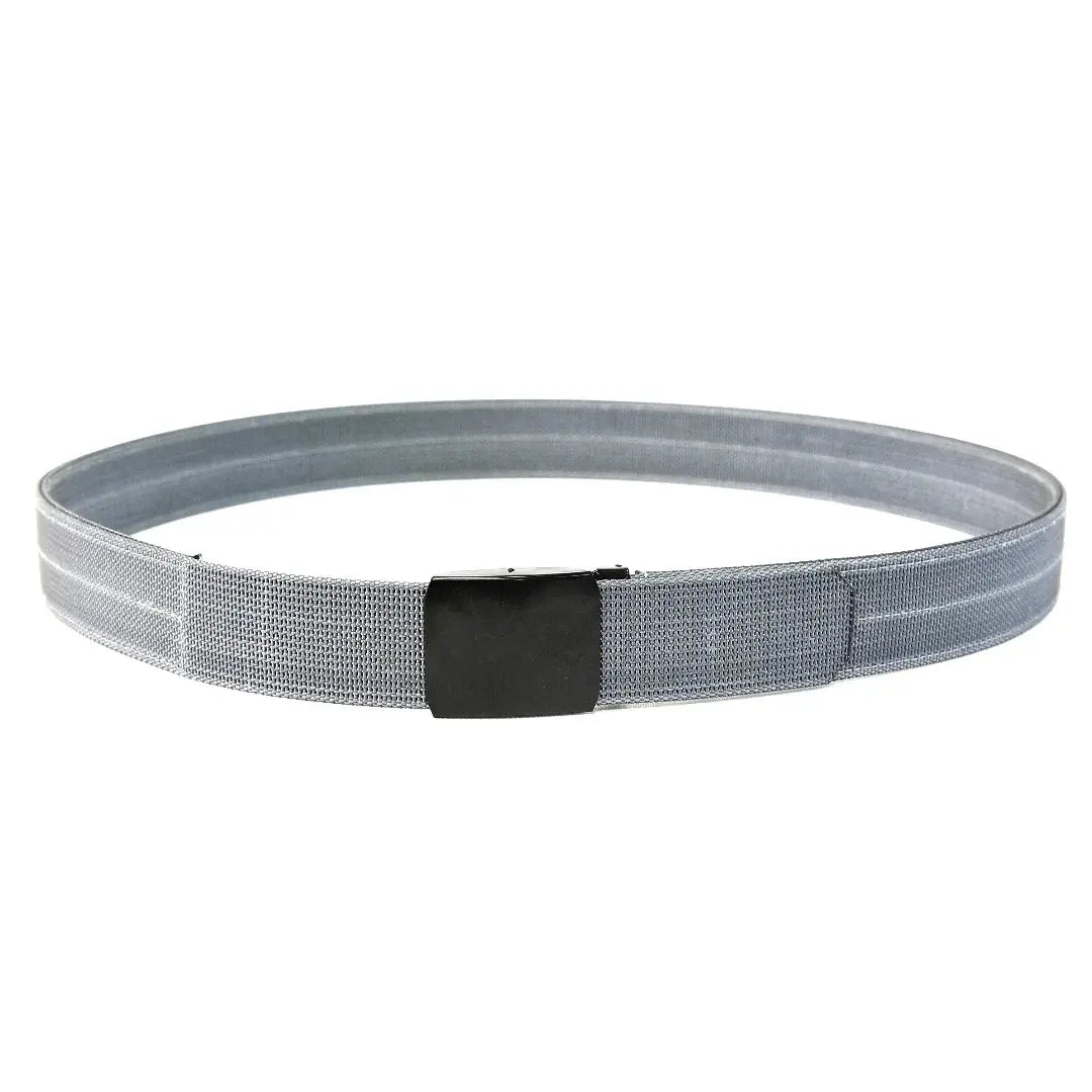 Grey tactical belt with double-layer webbing and a black friction buckle.