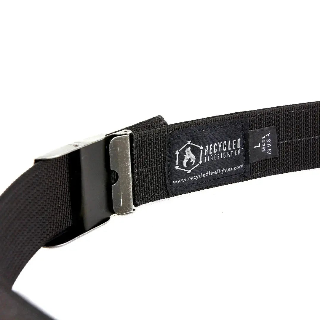 Black Recycled Firefighter EDC belt with metal buckle and size L label.
