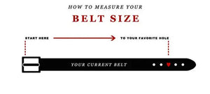 Illustration showing how to measure belt size from buckle to favorite hole on current belt.