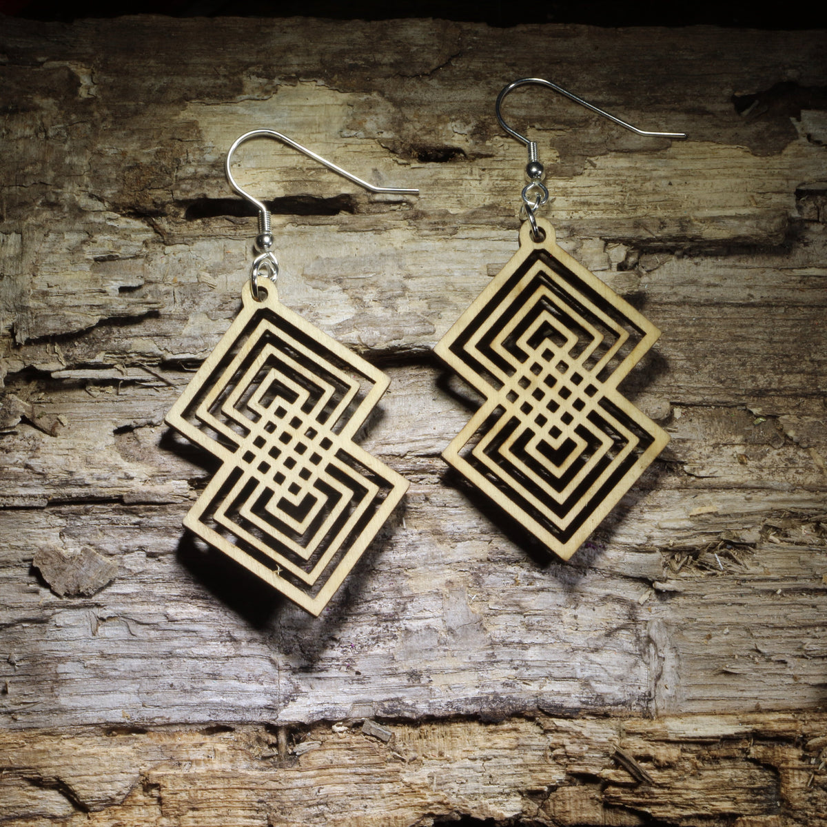 Art Deco Interlocking Diamond Wooden Dangle Earrings | Geometric Jewelry