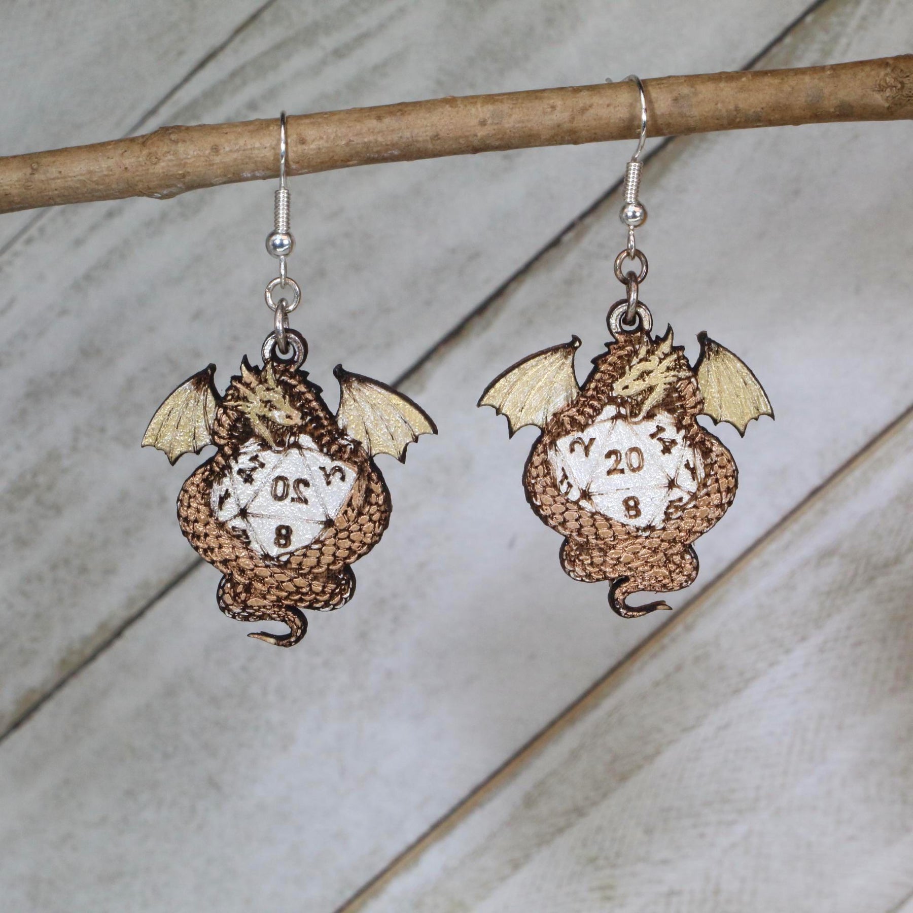 Dragon D20 Wooden Earrings | Dungeons & Dragons Dice Jewelry
