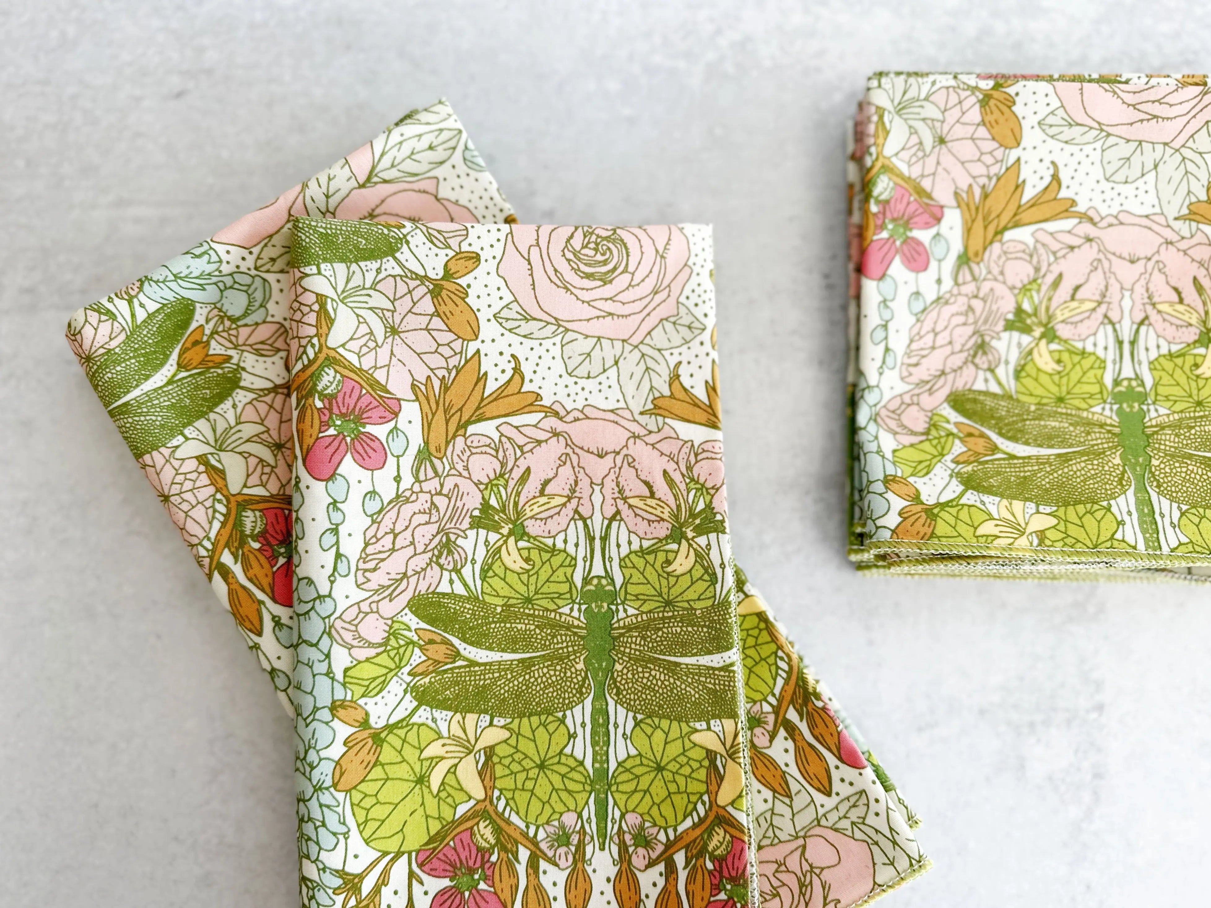 Dragonfly and floral print cloth napkins, set of four