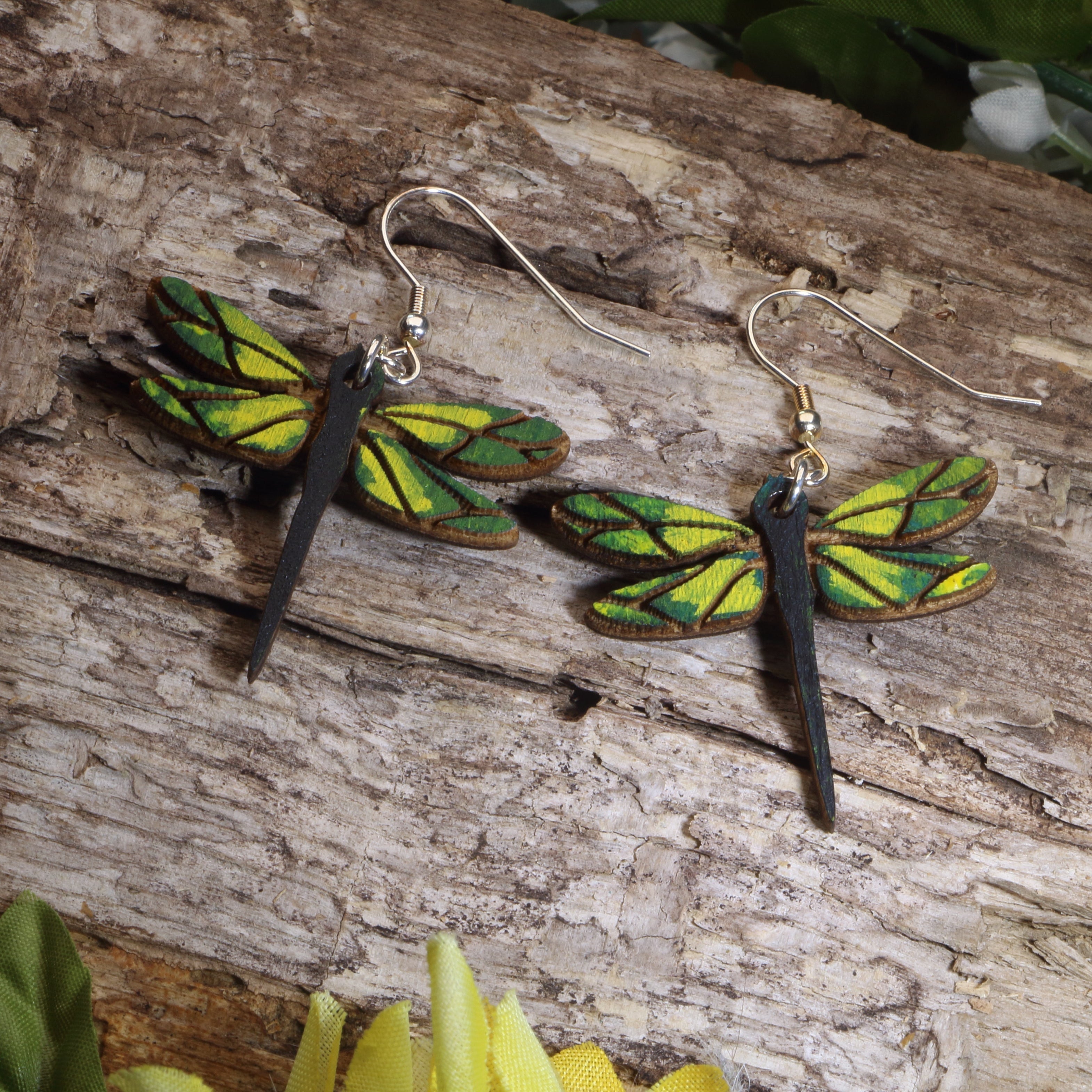Dragonfly Wooden Dangle Earrings | Nature Insect Jewelry