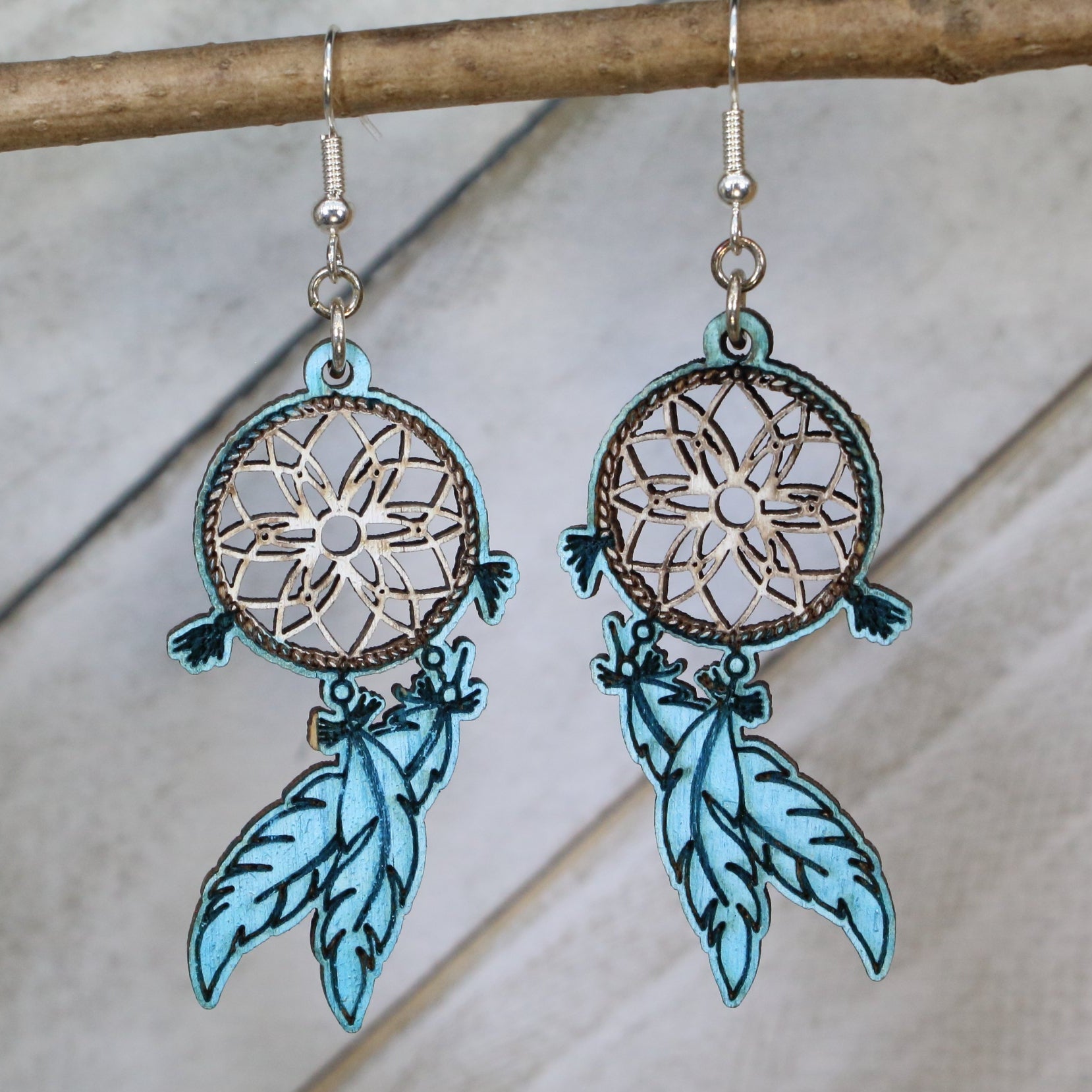 Dreamcatcher Wooden Dangle Earrings | Boho Feather Jewelry