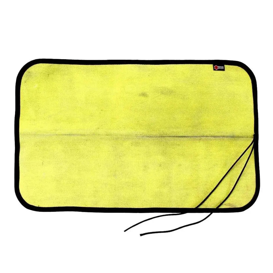 Yellow work mat with black binding and black tie loops