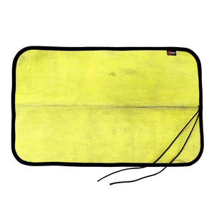 Yellow work mat with black binding and black tie loops