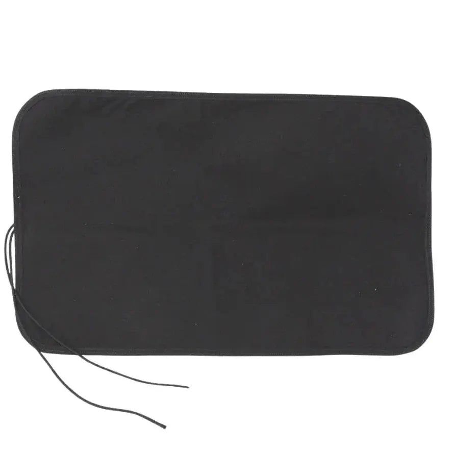 Black rectangular drop zone mat made from fire hose material with tie cords.