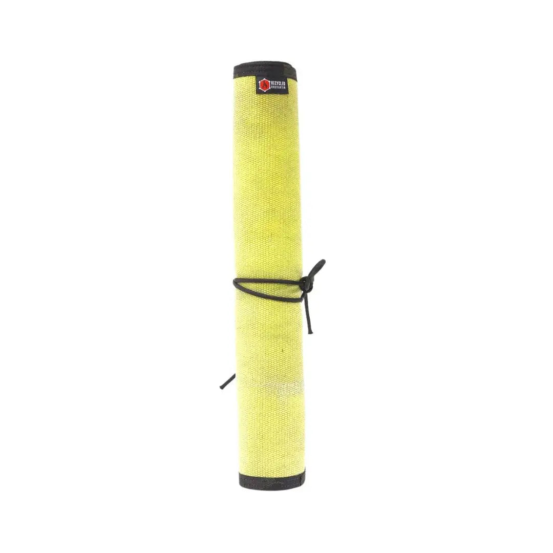 Rolled yellow fire hose mat with black tie and "RECYCLED" logo, USA made.