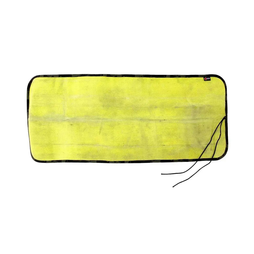 Yellow fire hose drop mat with black Cordura backing and paracord tie loops