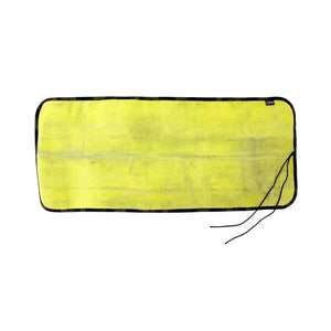 Yellow fire hose drop mat with black Cordura backing and paracord tie loops