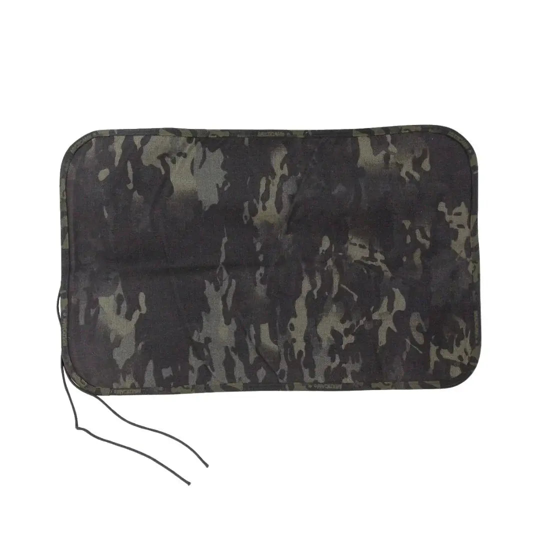 Camouflage mat with Cordura backing and black trim, featuring a drawstring.