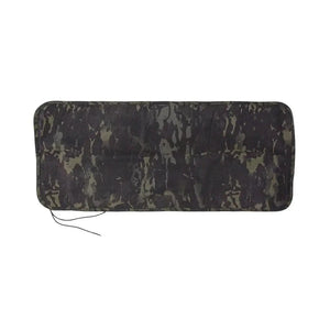 Camouflage drop zone mat with black and green pattern and paracord ties.