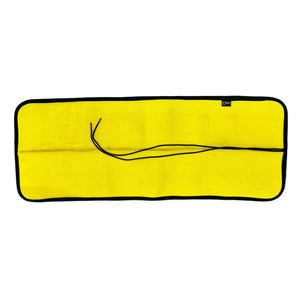 Yellow mat made from repurposed fire hose with black binding and paracord ties