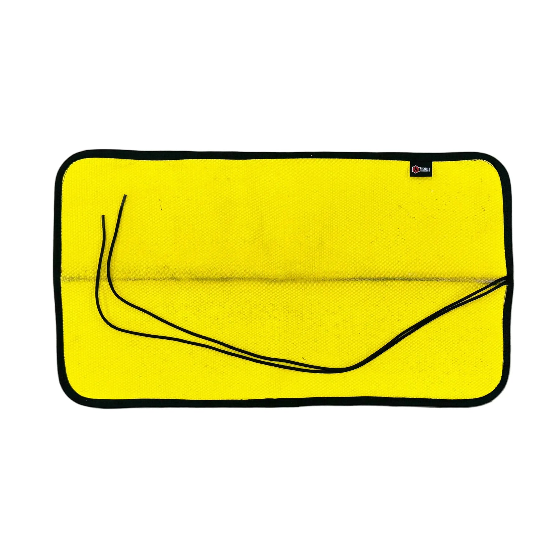 Yellow mat with black binding and paracord loops, made from recycled fire hose.