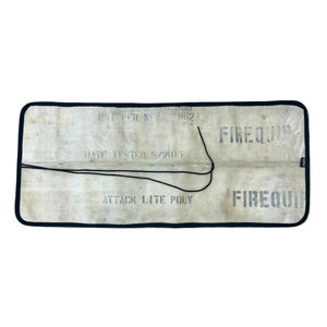 Rolled fire hose drop mat with markings, 550 paracord tie loops, and Cordura backing.