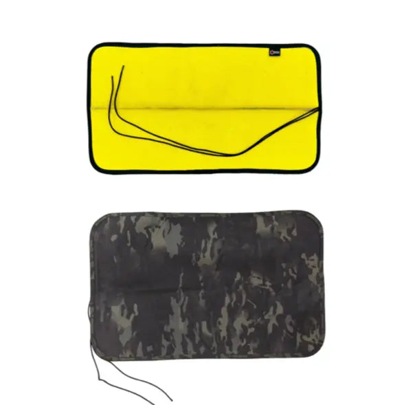 Yellow and camouflage drop zone mats made from fire hose, one rolled with paracord.