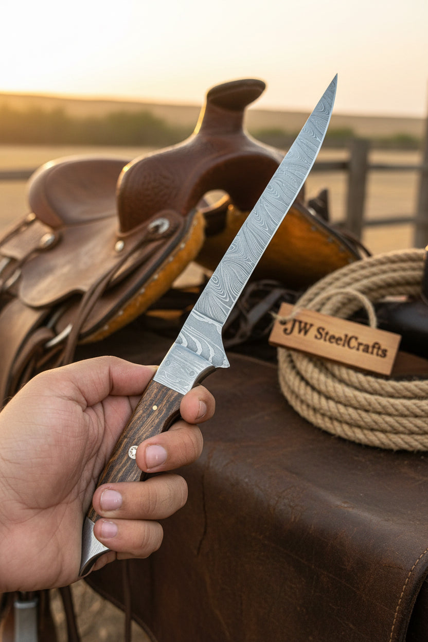 Handmade 13 Inch Overall Damascus Steel Fillet Knife –  Full Tang Fishing Knife with Hardwood Handle and Leather Sheath.