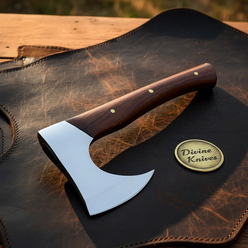 Hand-Forged Bearded Camp Axe with Rosewood Handle by Divine Knives — product view 1