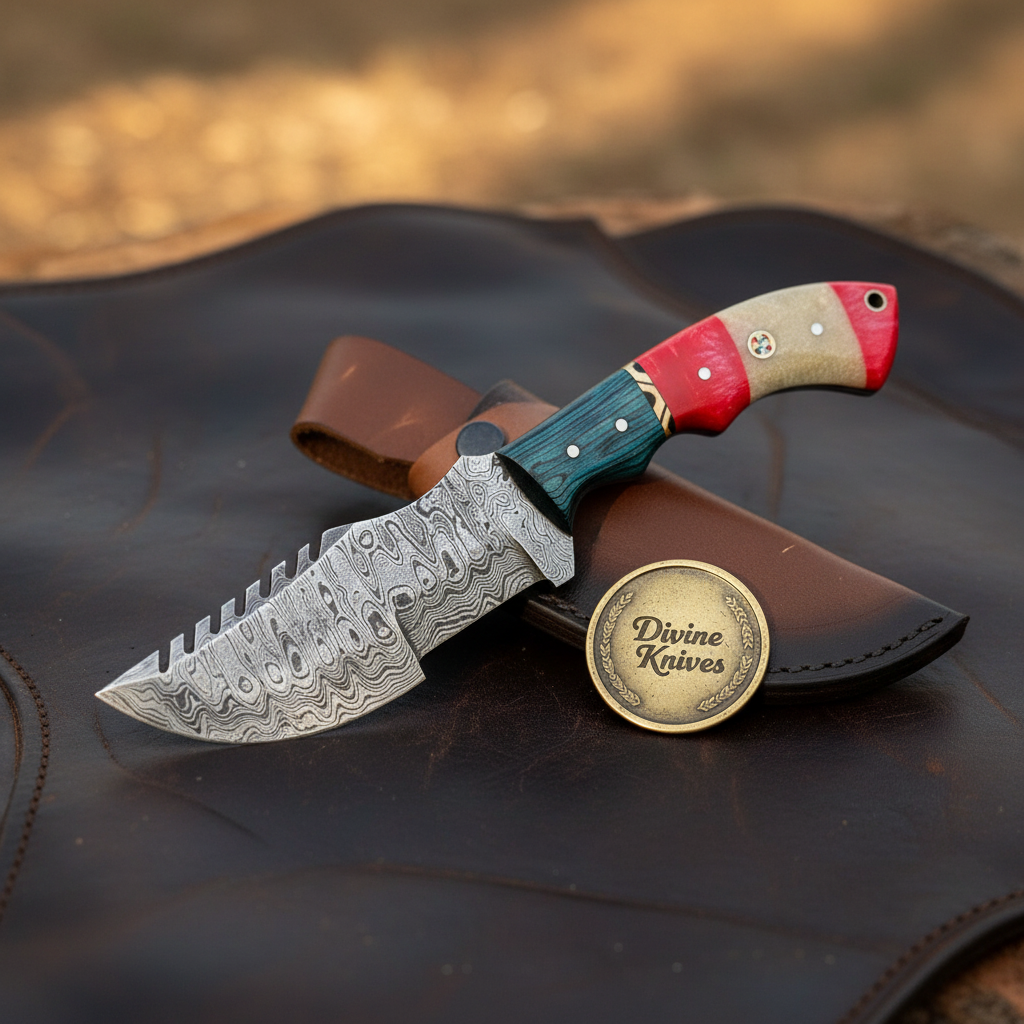 Segmented Resin Damascus Tracker Knife with Color-Blocked Handle by Divine Knives — product view 2