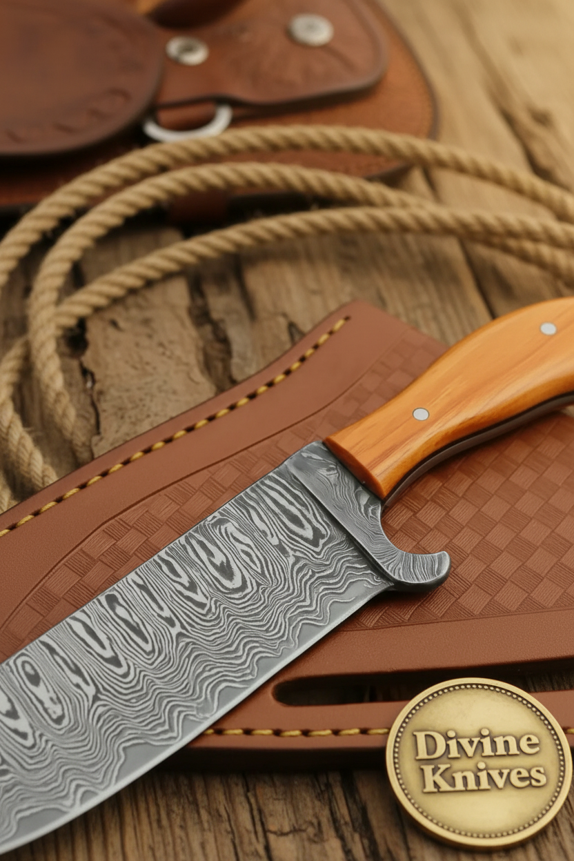 Turquoise Ridge Damascus Bull Cutter with Dual Tone Wood Handle