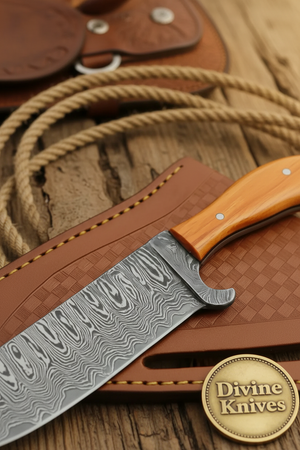 Turquoise Ridge Damascus Bull Cutter with Dual Tone Wood Handle