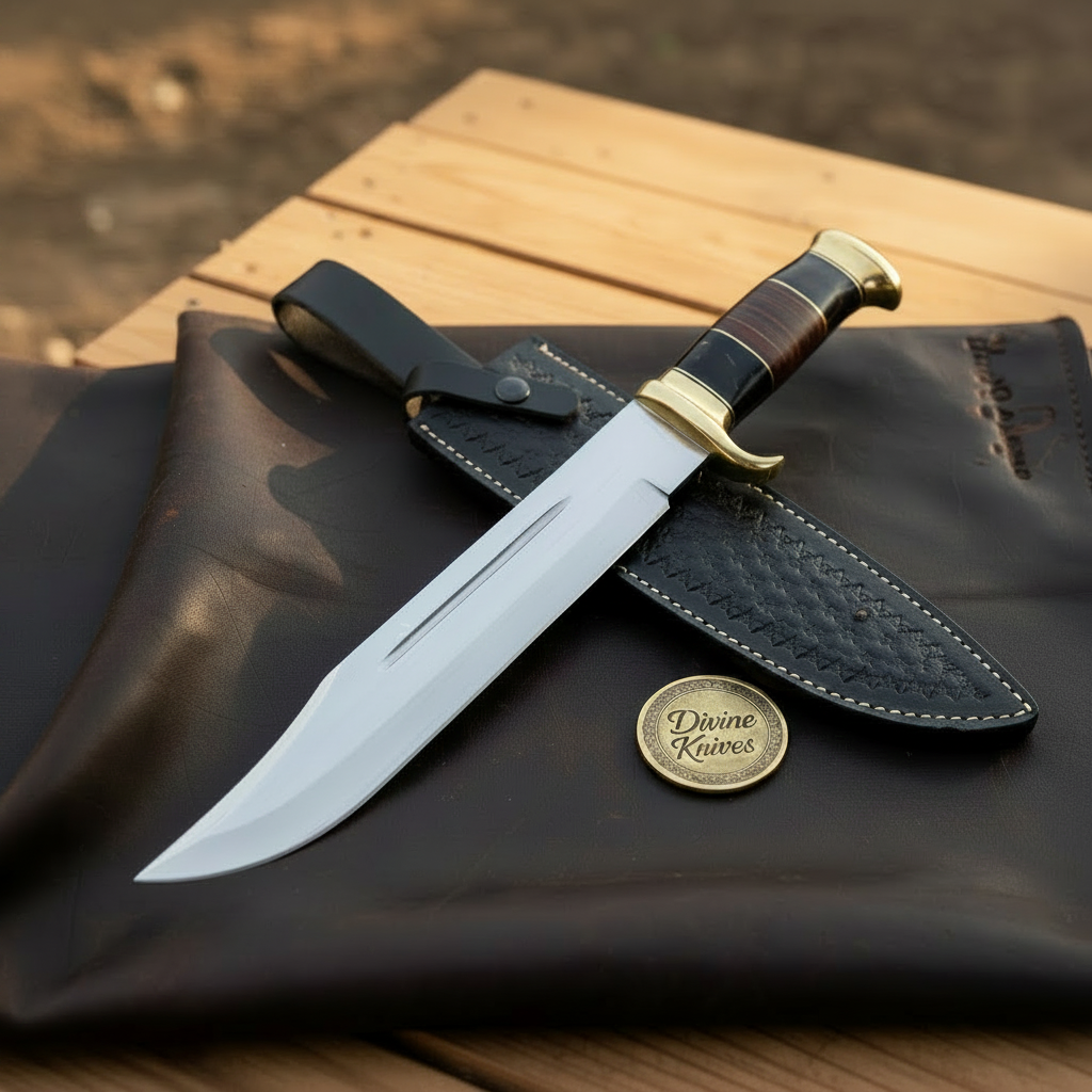 Stacked Leather Handle Bowie Knife with Fullered Mirror Blade and Black Tooled Sheath by Divine Knives — product view 1