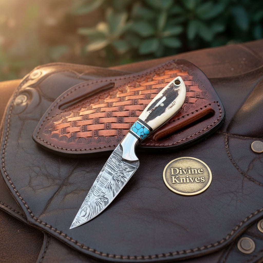 Damascus Western Cowboy Belt Knife with Bone and Turquoise Handle