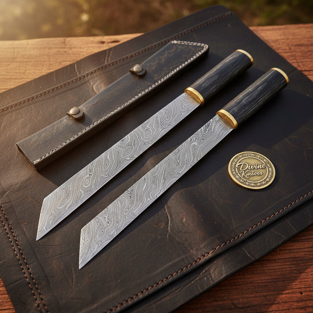 Horn Handle Tanto Knife Set with Brass Ferrules and Shared Snap Close Leather Sheath by Divine Knives — product view 1