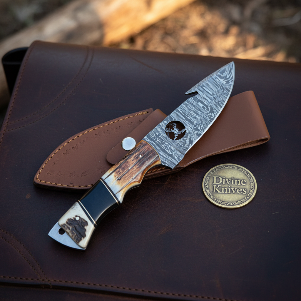Deer Silhouette Gut Hook Knife with Cutout Blade Artwork and Stag Bone Handle by Divine Knives — product view 1