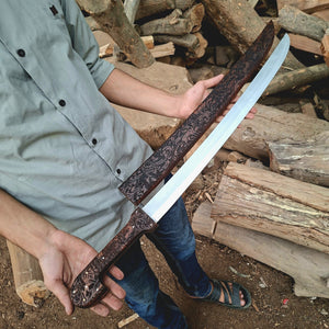 Bone Handle Damascus Knife with Handcrafted Tooled Sheath