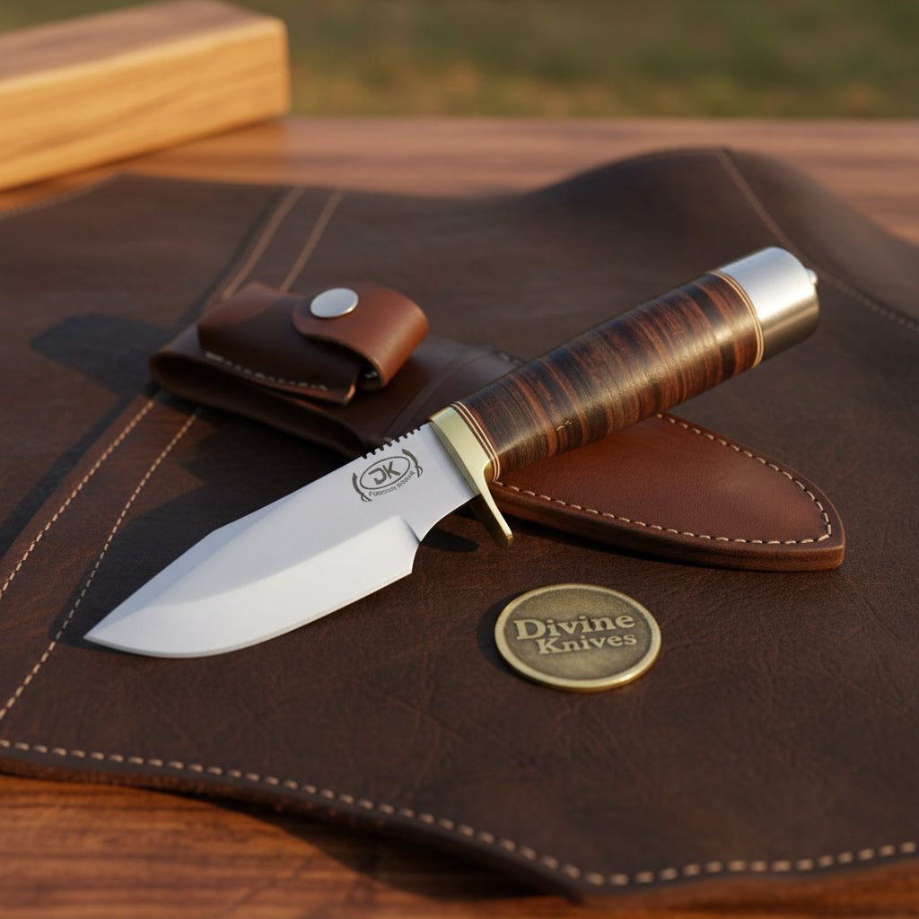 Classic Randall-Style Camp Knife with Stacked Leather Sheath by Divine Knives — product view 1