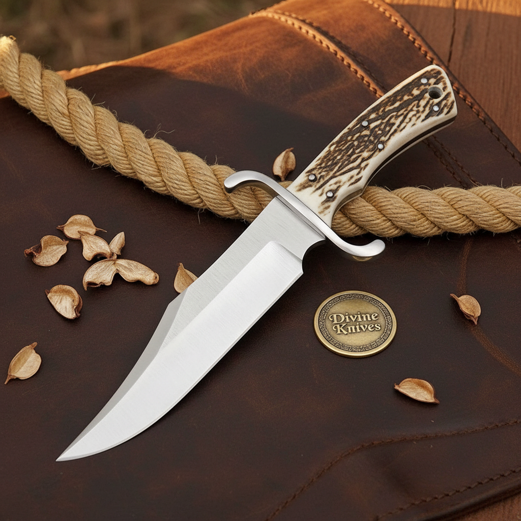 Jigged Stag Bowie Knife with Mirror Polished Clip Point Blade and Black Leather Sheath by Divine Knives — product view 2