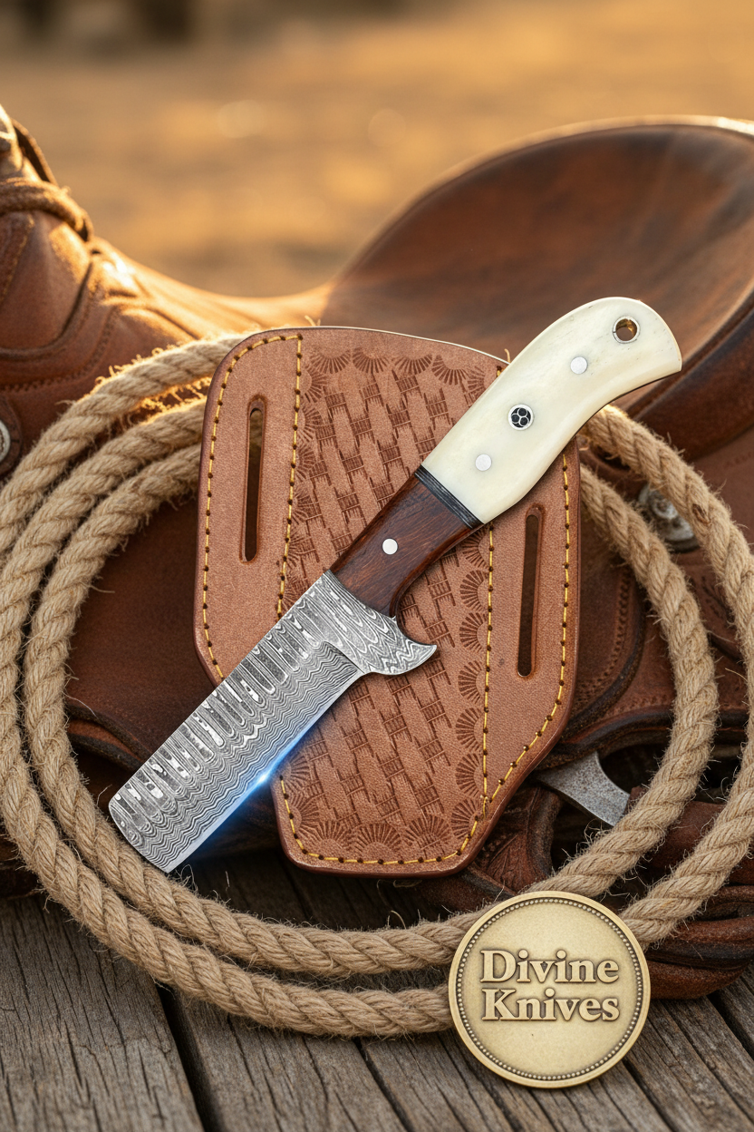 Bone and Wood Bull Cutter Knife with Wood Grain Damascus Blade