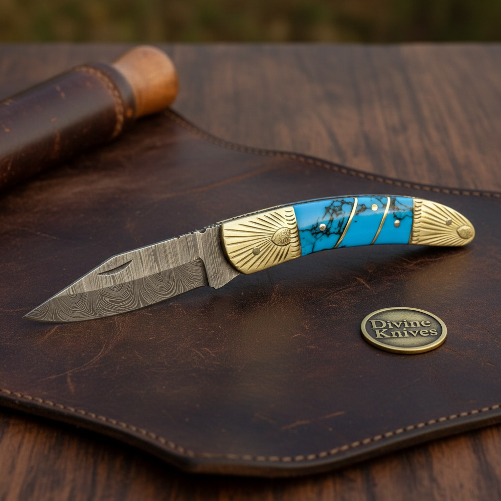 Engraved Brass Bolster Damascus Folder by Divine Knives — detail view 2