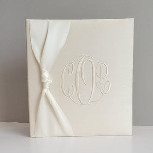 Ecru silk handmade baby memory book with satin bow by AP Creations